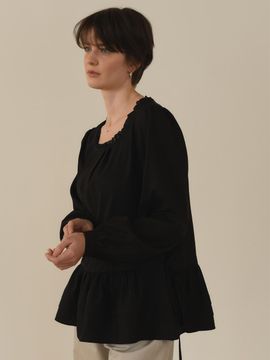 SIEERING Silk Chiffon Frill Button Blouse [Black]