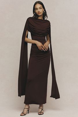 Siempre Ruched Cape Maxi Gown