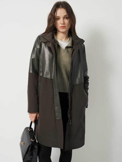 SIINVII Half-neck Lambskin Contrast Zip-up Long Coat (KSJK240109)