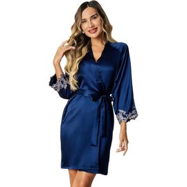 SILKSILKY SILKSILKY Pure Silk 3/4 Sleeves Belted Short Robe With Lace Design