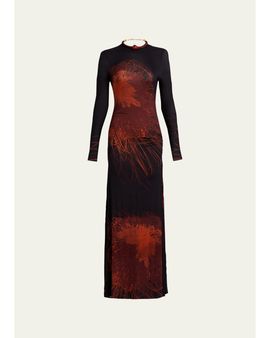 Silvia Tcherassi Gabbice Bead Tubular Collar Long-Sleeve Maxi Dress