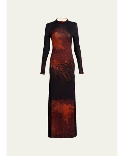 Silvia Tcherassi Gabbice Bead Tubular Collar Long-Sleeve Maxi Dress