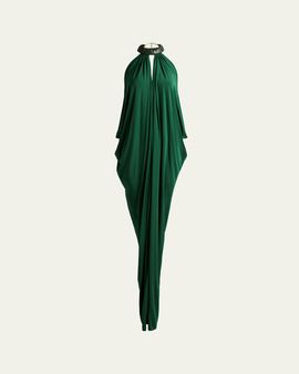 Silvia Tcherassi Niagara Draped Leather-Trim Halter Maxi Dress