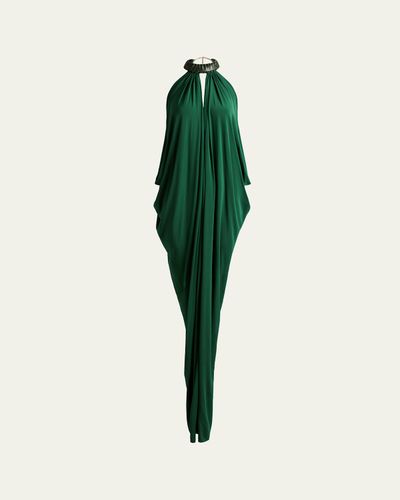 Silvia Tcherassi Niagara Draped Leather-Trim Halter Maxi Dress