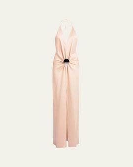 Silvia Tcherassi Rowan Gathered Hammered Silk Plunging Halter Maxi Dress