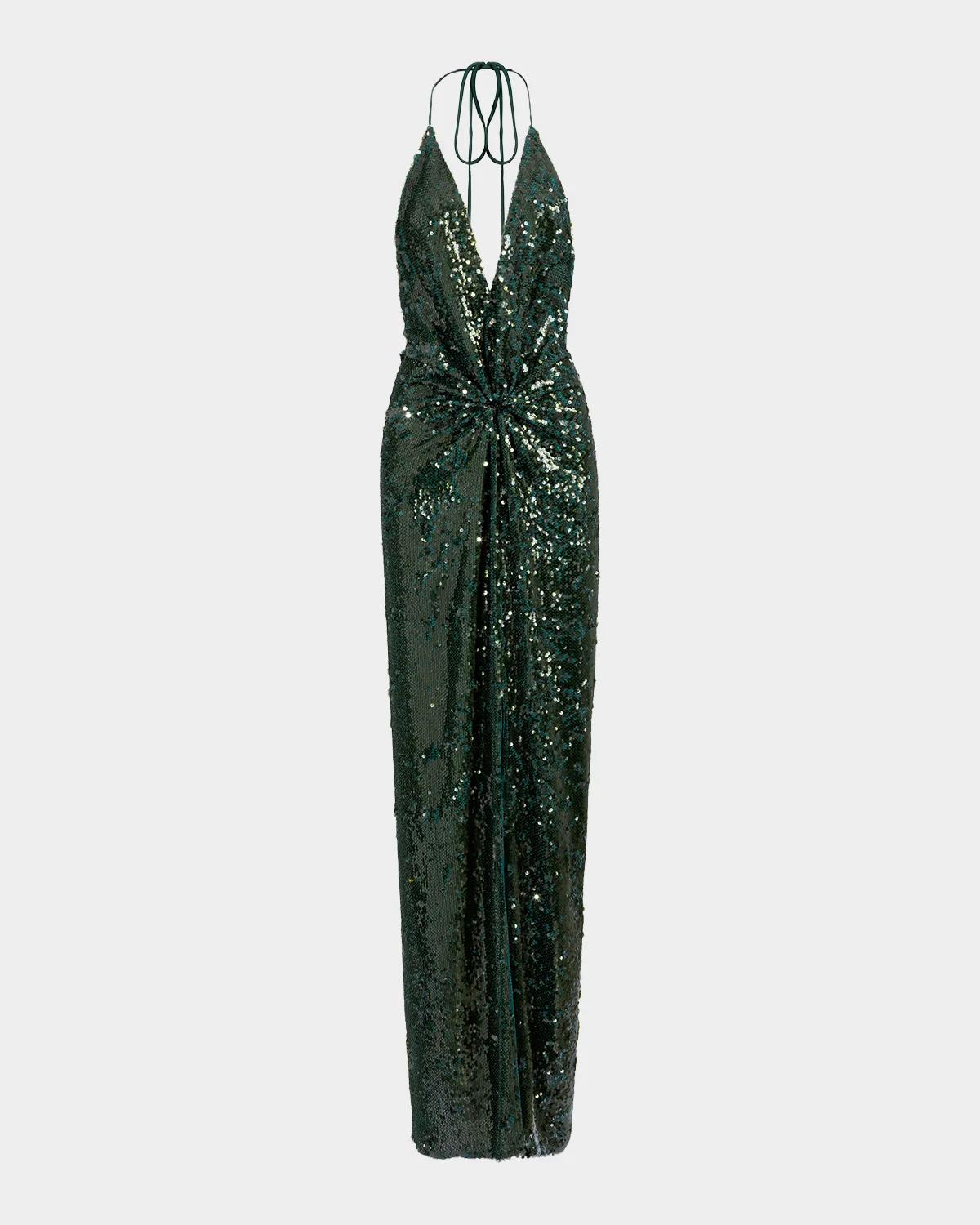 Silvia Tcherassi Rowan Twisted Plunging Halter Sequined Maxi Dress
