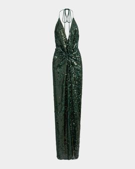 Silvia Tcherassi Rowan Twisted Plunging Halter Sequined Maxi Dress
