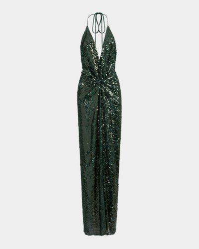 Silvia Tcherassi Rowan Twisted Plunging Halter Sequined Maxi Dress