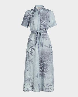 SIMKHAI Audria Floral Linen-Blend Belted Midi-Dress