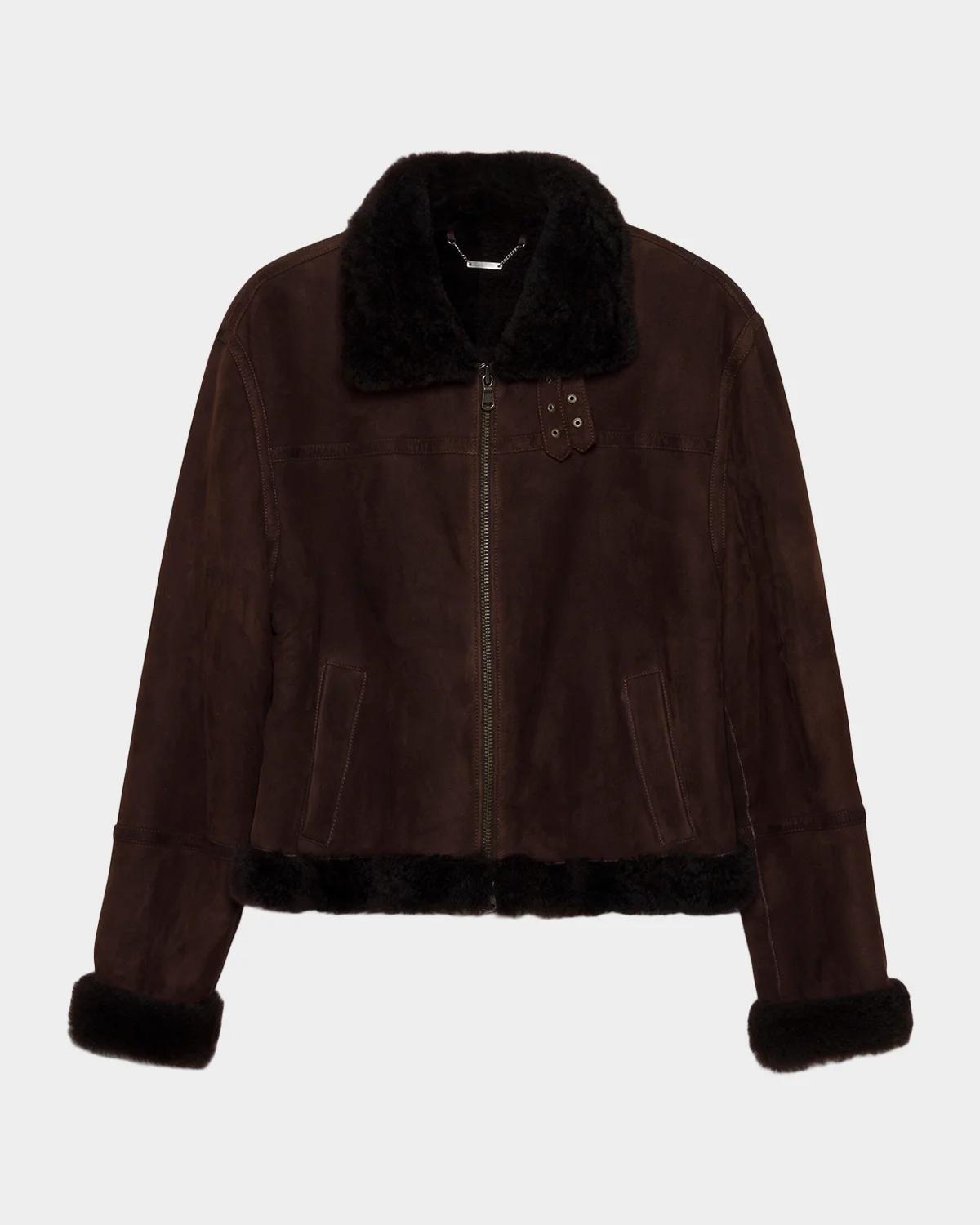 SIMKHAI Cassia Suede Cropped Jacket with Shearling Trim