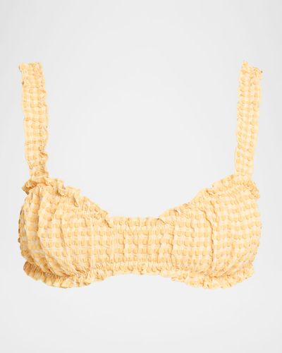SIMKHAI Evander Ruched Gingham Seersucker Bikini Top