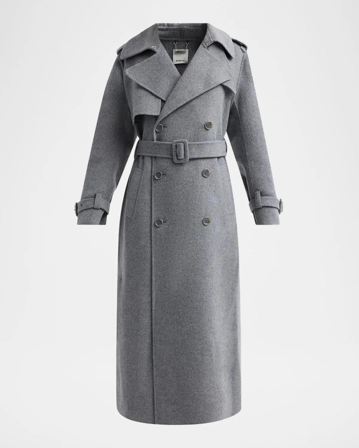 SIMKHAI Rumi Belted Wool-Blend Double-Breasted Long Coat