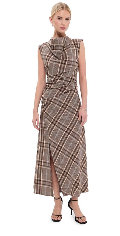 SIMKHAI SIMKHAI Burke Draped Midi Dress Otter Plaid