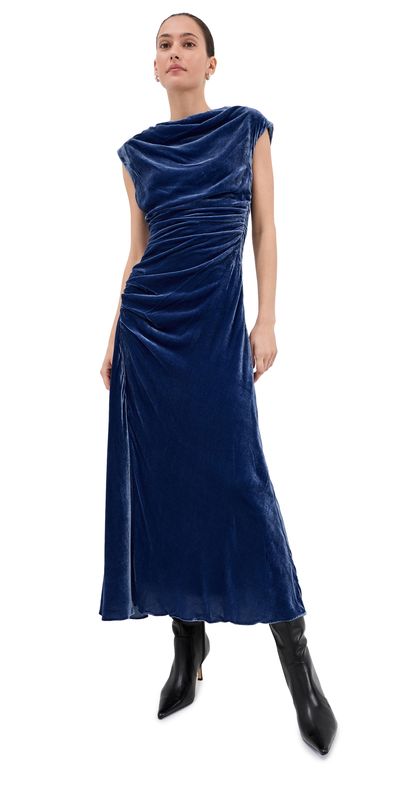 SIMKHAI SIMKHAI Burke Draped Velvet Midi Dress Sapphire