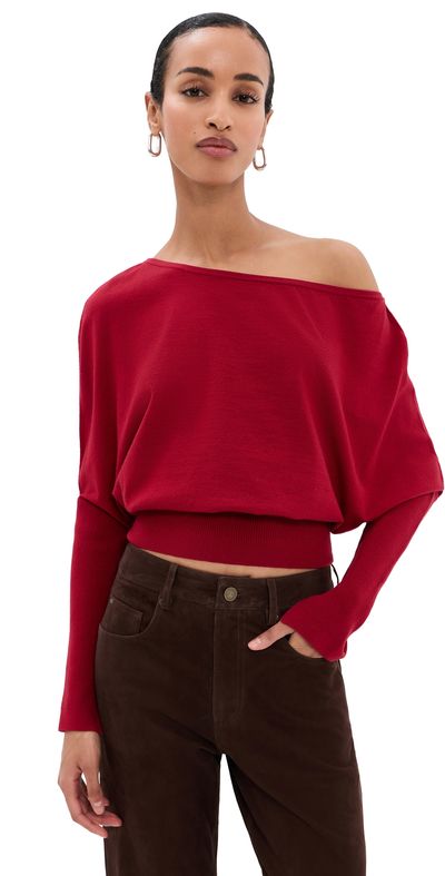 SIMKHAI SIMKHAI Lavina Draped Off Shoulder Sweater Lipstick