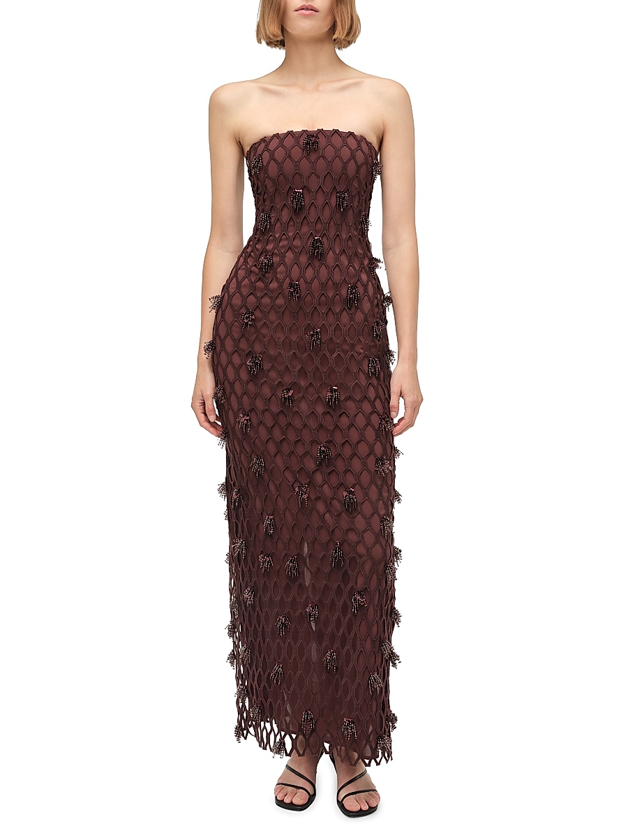 beaded fishnet dress Square Neck Overlay Mermaid Gown in Chocolate brown XL Sweep Train Length All Saints Eshi Vest Dress