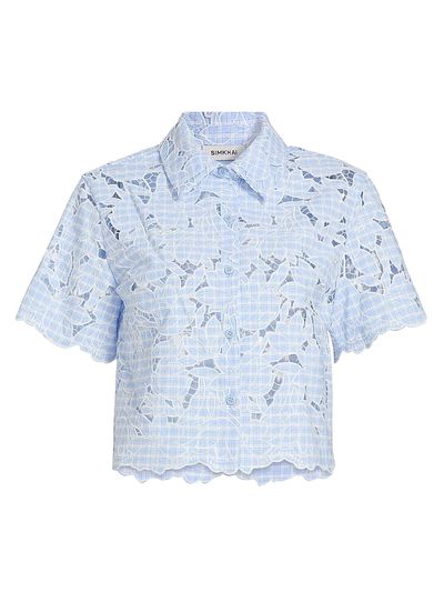 SIMKHAI Women's Ryett Checked Laser-Cut Floral Crop Shirt
