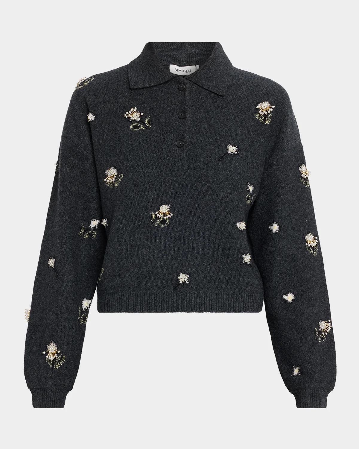SIMKHAI Zarelle Embellished Wool & Cashmere Polo Sweater