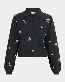 SIMKHAI Zarelle Embellished Wool & Cashmere Polo Sweater