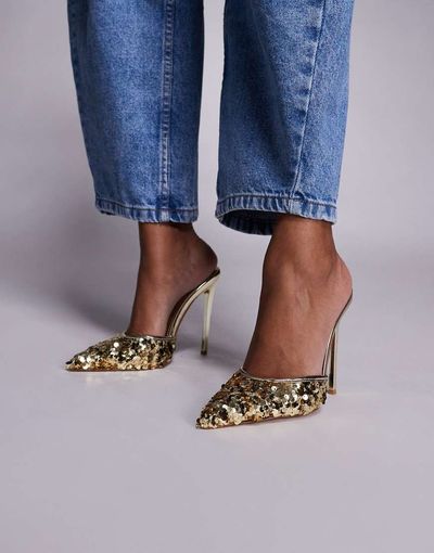 SIMMI Shoes Simmi London Agathia sequin heeled mules in gold
