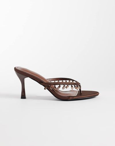 SIMMI Shoes Simmi London heeled toe post sandals in brown embellished