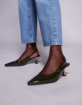 SIMMI Shoes Simmi London June pointed slingback kitten heels in olive patent-Green
