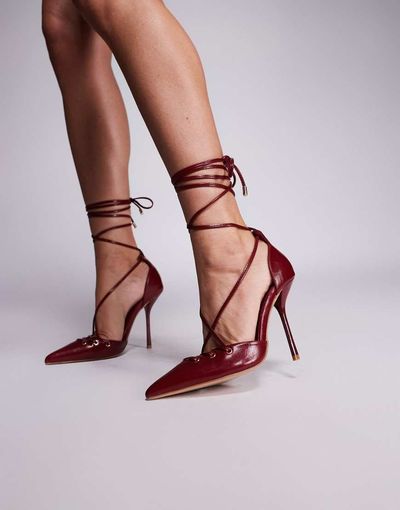 SIMMI Shoes Simmi London Onix pointed toe heeled shoes with tie leg straps in red