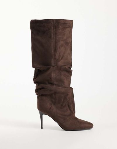 SIMMI Shoes Simmi London Reece ruched knee boots in brown suedette