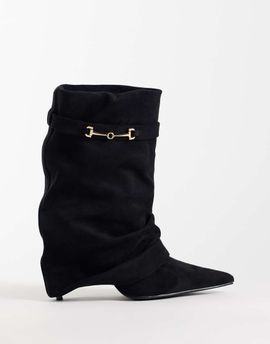 SIMMI Shoes Simmi London Sansa fold over ruched heeled boots with horsebit detail in black suedette