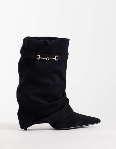 SIMMI Shoes Simmi London Sansa fold over ruched heeled boots with horsebit detail in black suedette