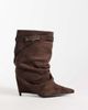 SIMMI Shoes Simmi London Sansa fold over ruched heeled boots with horsebit detail in brown suedette - 1