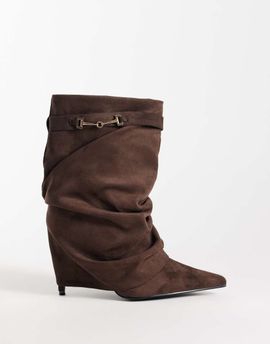 SIMMI Shoes Simmi London Sansa fold over ruched heeled boots with horsebit detail in brown suedette