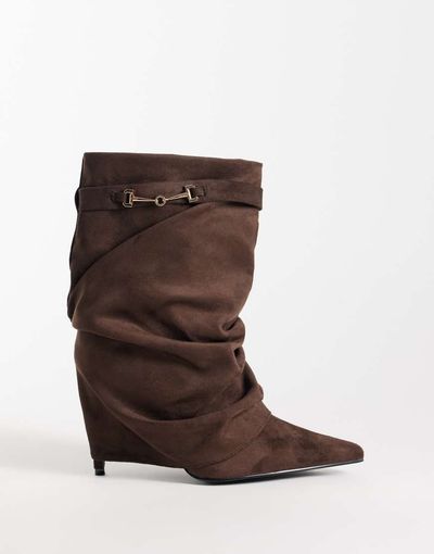SIMMI Shoes Simmi London Sansa fold over ruched heeled boots with horsebit detail in brown suedette