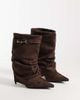 SIMMI Shoes Simmi London Sansa fold over ruched heeled boots with horsebit detail in brown suedette - 2