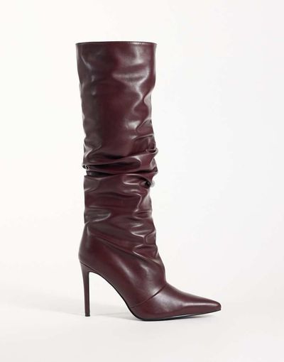 Simmi London Saxon Ruched Knee Boots In Burgundy Pu-Red