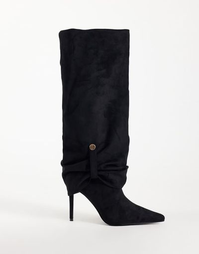 SIMMI Shoes Simmi London Serene ruched knee boots with gold detail in black suedette