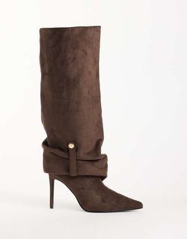 SIMMI Shoes Simmi London Serene ruched knee boots with gold detail in brown suedette
