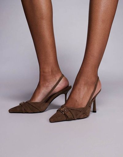 SIMMI Shoes Simmi London slingback heeled shoes with buckle detail in beige faux suede-Neutral