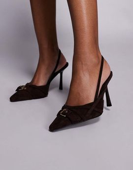 SIMMI Shoes Simmi London slingback heeled shoes with buckle detail in chocolate suede-Brown