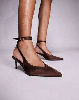 SIMMI Shoes Simmi London Sonika tie leg heeled pumps in chocolate satin-Brown