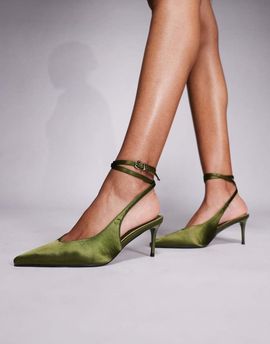 SIMMI Shoes Simmi London Sonika tie leg heeled pumps in olive satin-Green