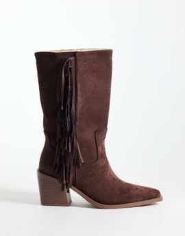 SIMMI Shoes SIMMI London Tevy mid ankle cowboy boots with fringe in brown faux suede