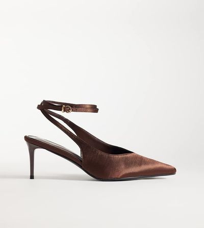 SIMMI Shoes Simmi London Wide Fit Sonika tie leg heeled pumps in chocolate satin-Brown