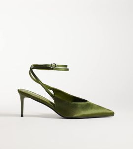 SIMMI Shoes Simmi London Wide Fit Sonika tie leg heeled pumps in olive satin-Green