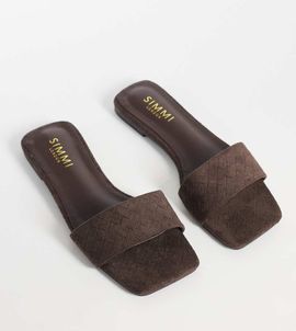 Simmi Wide Fit Simmi London Anika Wide Fit embossed slip on flat sandals in brown faux suede