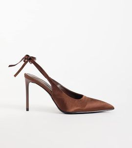 Simmi Wide Fit Simmi London Celina Wide Fit slingback heeled shoes with bow detail in brown satin