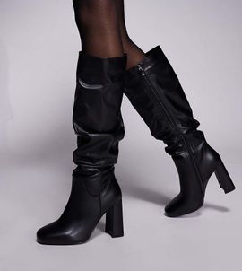 Simmi Wide Fit Simmi London Hanzel Wide Fit ruched block heeled knee boots in black