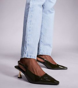 Simmi Wide Fit Simmi London June Wide Fit pointed slingback kitten heels in beige patent-Green