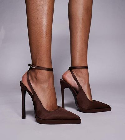 Simmi Wide Fit Simmi London Landen Wide Fit platform heeled pumps in brown satin
