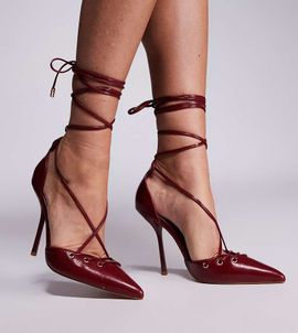 Simmi Wide Fit Simmi London Onix Wide Fit pointed toe heeled shoes with tie leg straps in red